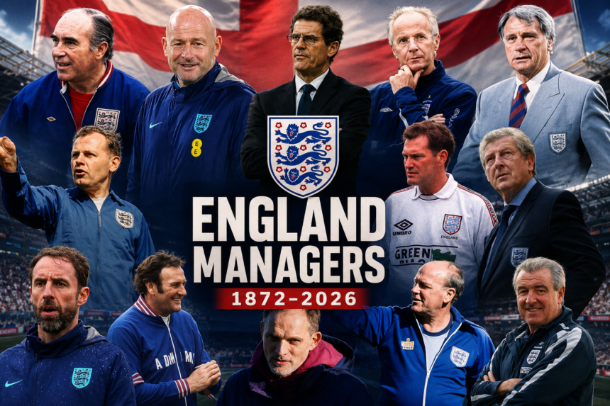 Collage of England national football team managers from Walter Winterbottom to Thomas Tuchel