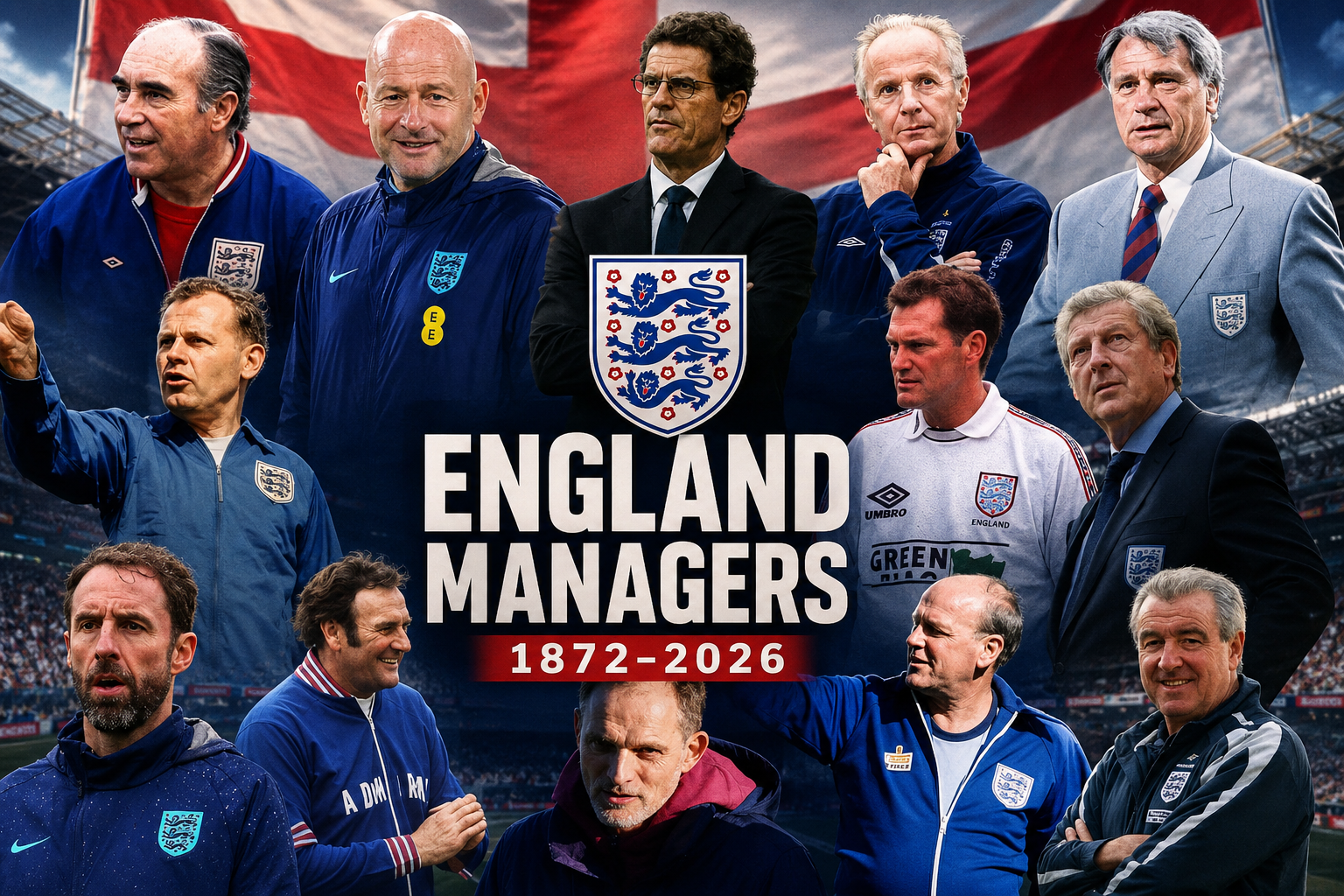 Collage of England national football team managers from Walter Winterbottom to Thomas Tuchel