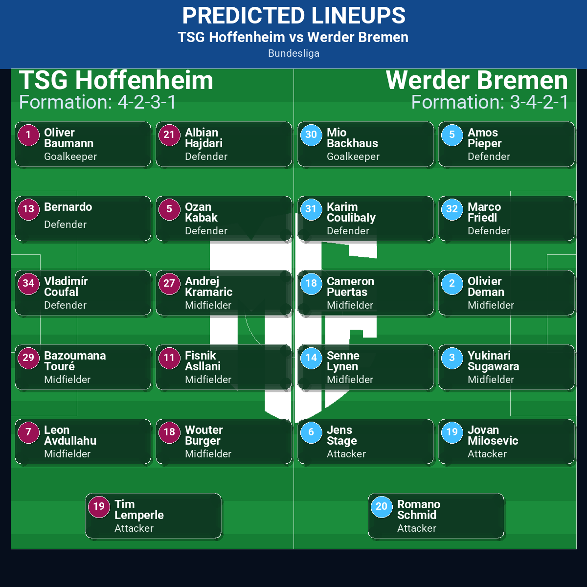 TSG Hoffenheim vs Werder Bremen predicted lineups