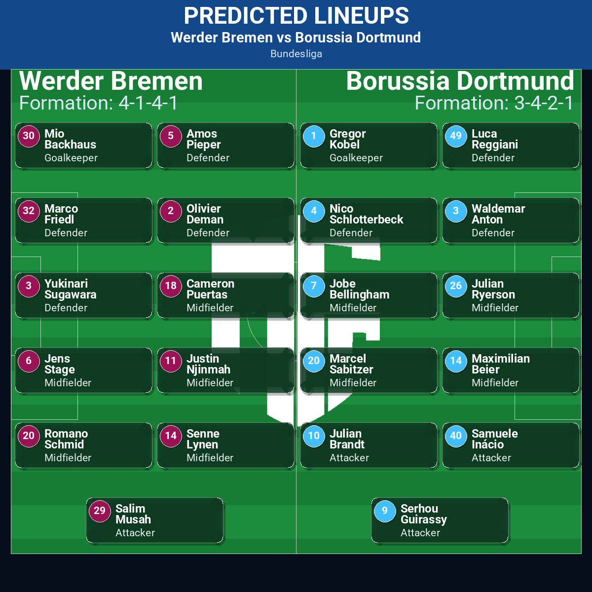 Werder Bremen vs Borussia Dortmund predicted lineups