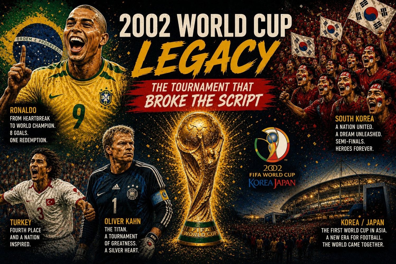 2002 FIFA World Cup legacy — Ronaldo, Oliver Kahn, Turkey, South Korea and co-hosts Korea/Japan, the first World Cup held in Asia.