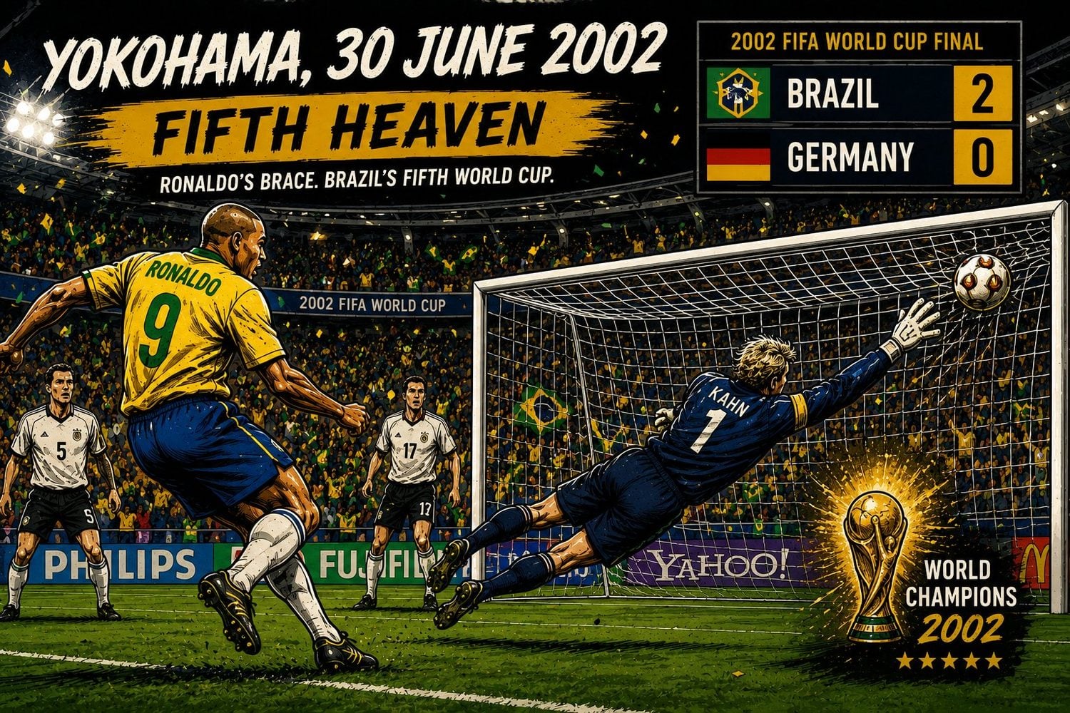 Brazil 2-0 Germany in the 2002 FIFA World Cup final at Yokohama on 30 June 2002, Ronaldo scoring past Oliver Kahn.