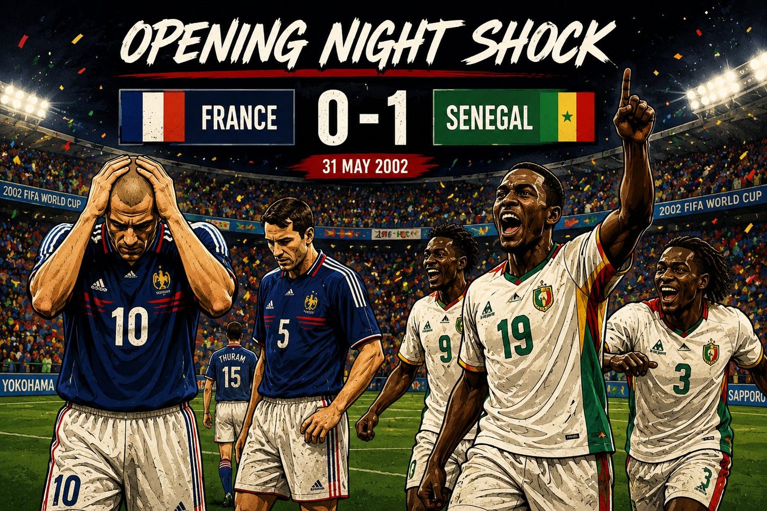 France 0-1 Senegal at the 2002 FIFA World Cup opening match on 31 May 2002 — reigning champions France beaten by debutants Senegal.