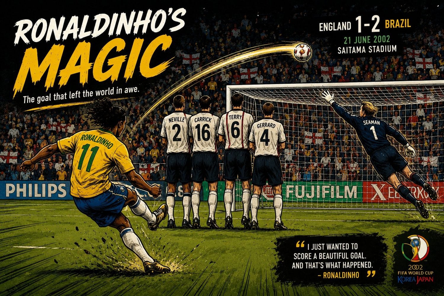 Ronaldinho free-kick over David Seaman in England 1-2 Brazil, the 2002 FIFA World Cup quarter-final on 21 June 2002.