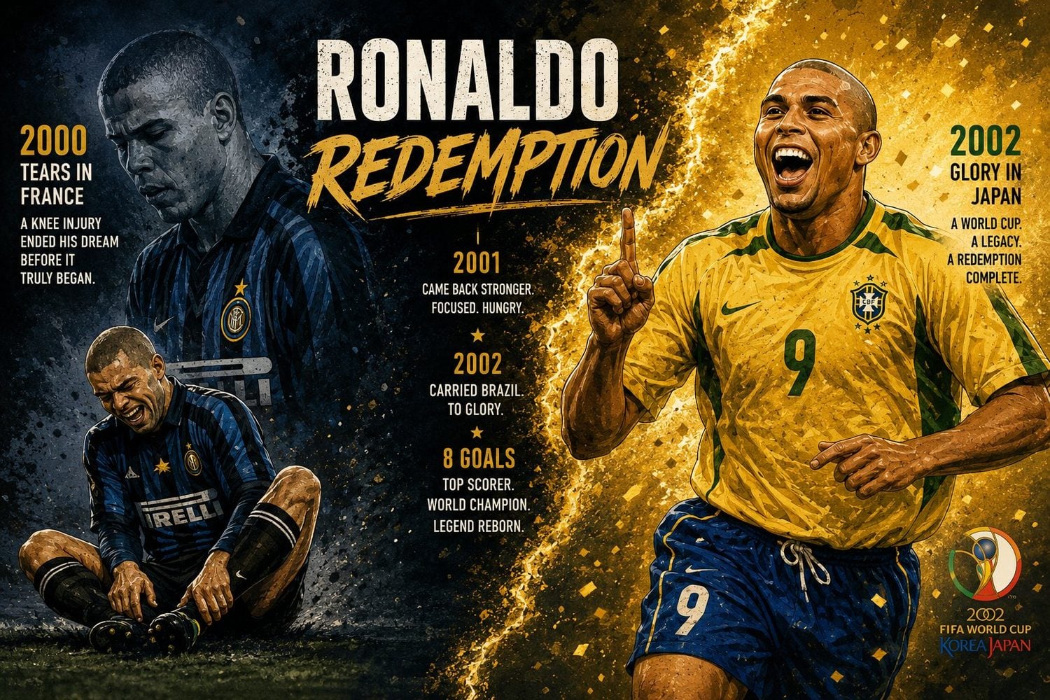 Ronaldo redemption at the 2002 FIFA World Cup — from career-threatening knee injuries to top scorer with eight goals and world champion with Brazil.
