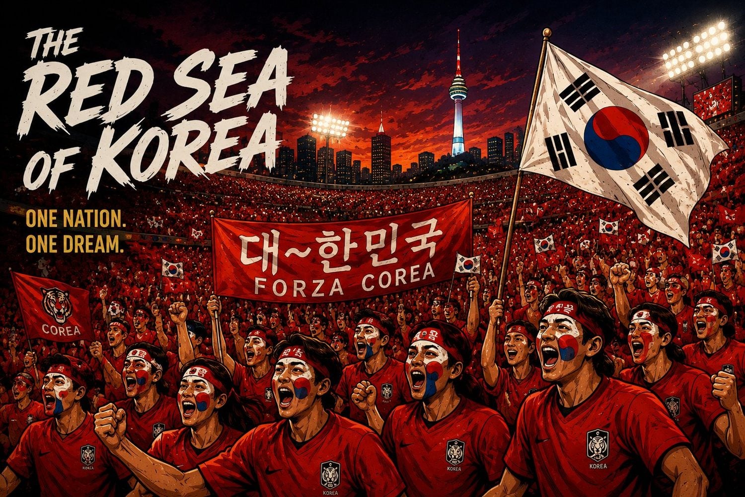 South Korea's Red Devils supporters filling a stadium in red at the 2002 FIFA World Cup, waving the Taegukgi flag.