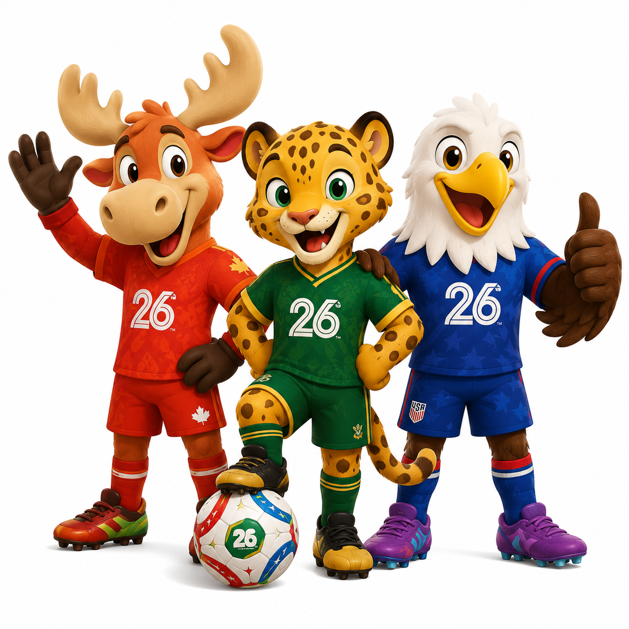 World Cup Maple, Zayu and Clutch mascots from the 2026 FIFA World Cup in Canada, Mexico and United States