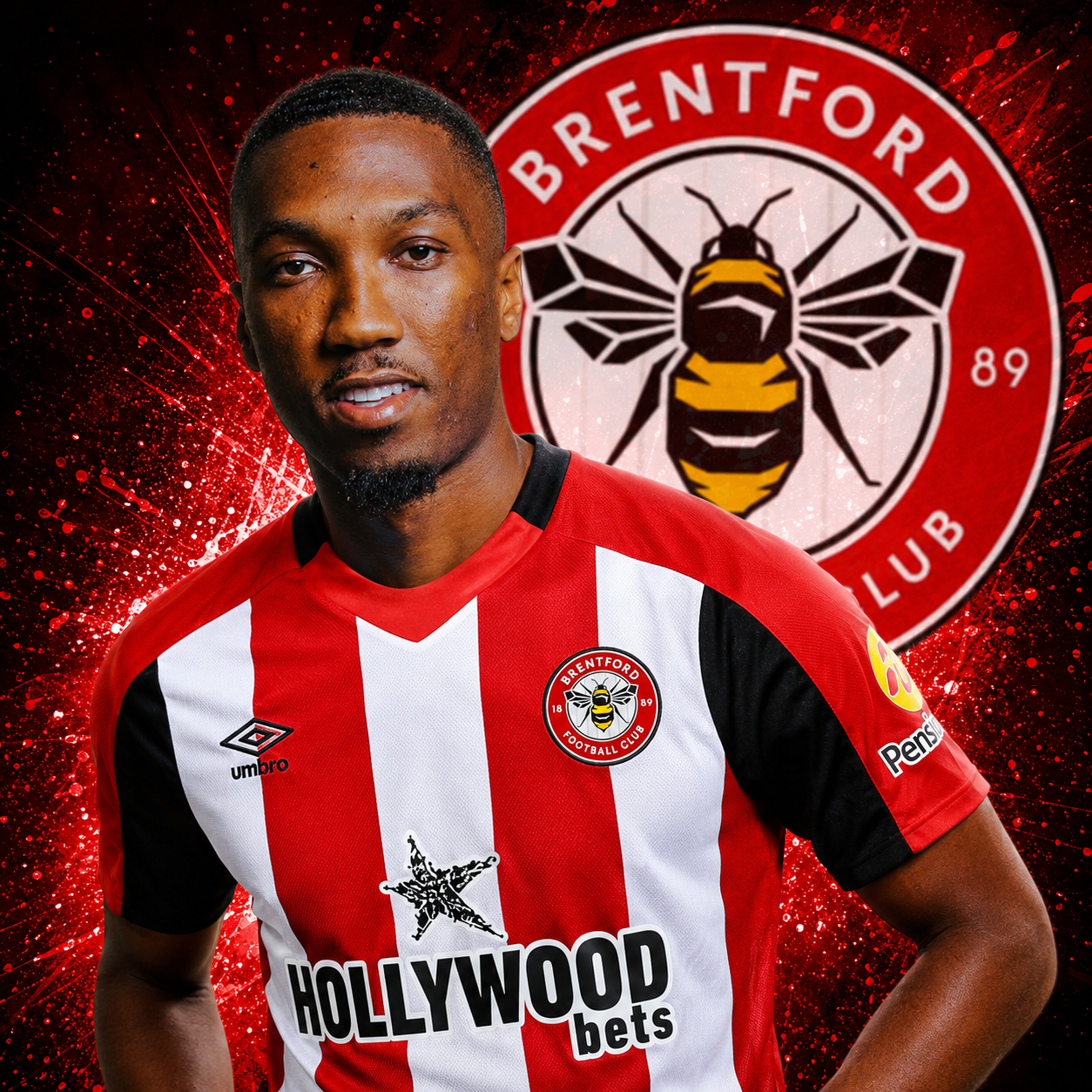 Jaidon Anthony wearing a Brentford FC home kit with a large Brentford club crest on a red and black graphic background.