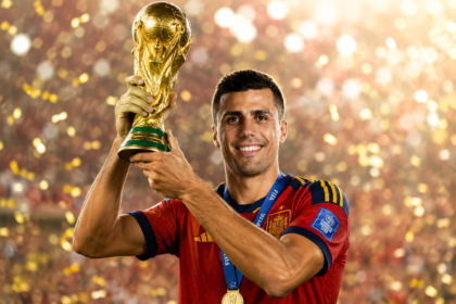 Rodri solleva il trofeo della Coppa del Mondo FIFA dopo la vittoria per 1-0 della Spagna sull'Argentina nella finale del 2026.